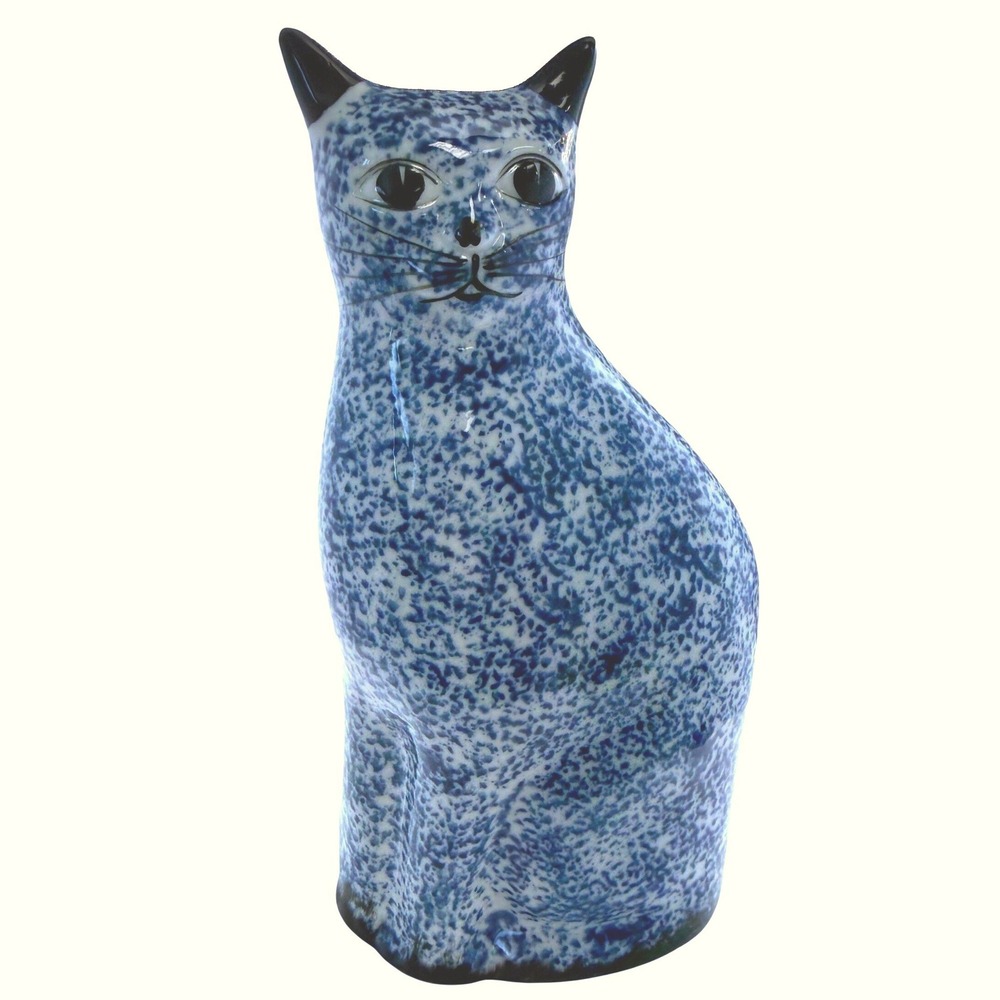 Enesco Cat Vintage Blue White Spongeware Ceramic Figurine 9 Inch Folk Art